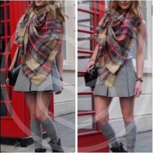Cozy tartan tan red plaid fall blanket scarf - Picture 1 of 4